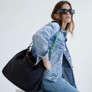 Rotunda Black Shoulder Bag with Tortoiseshell Chain & Turquoise Rope Handle